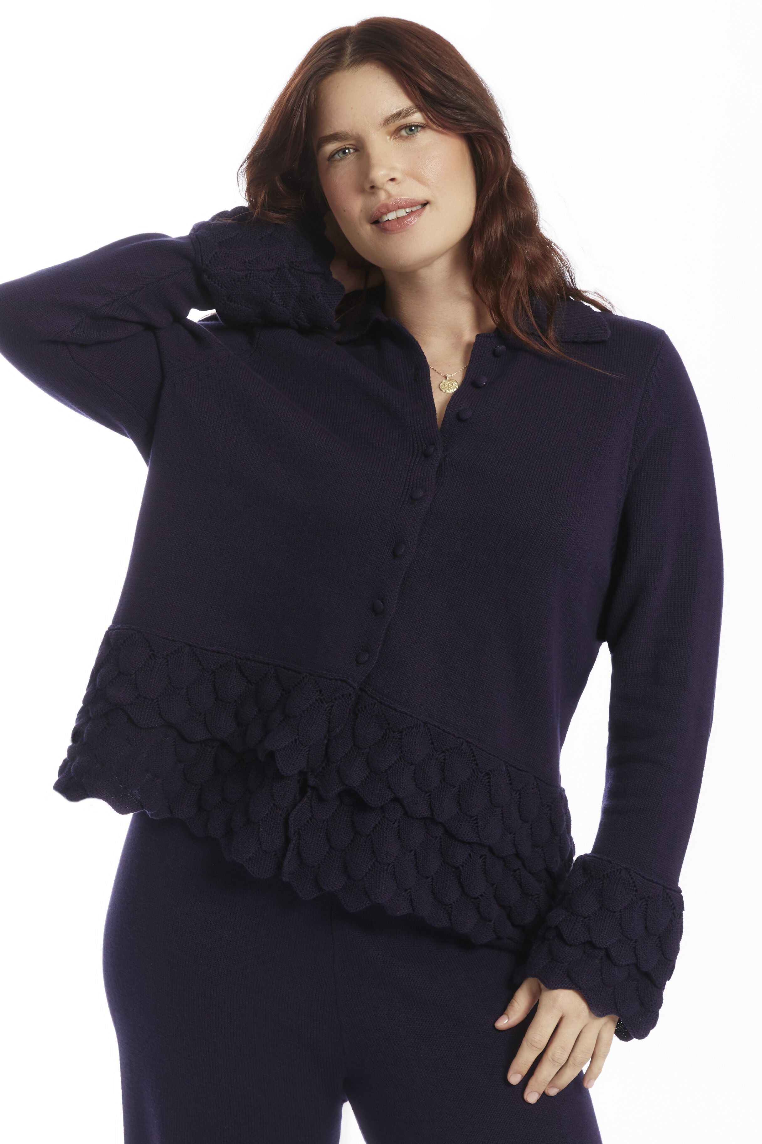 Ruffled Peplum Cardigan Sweater, INKLING, on-hover image number 1