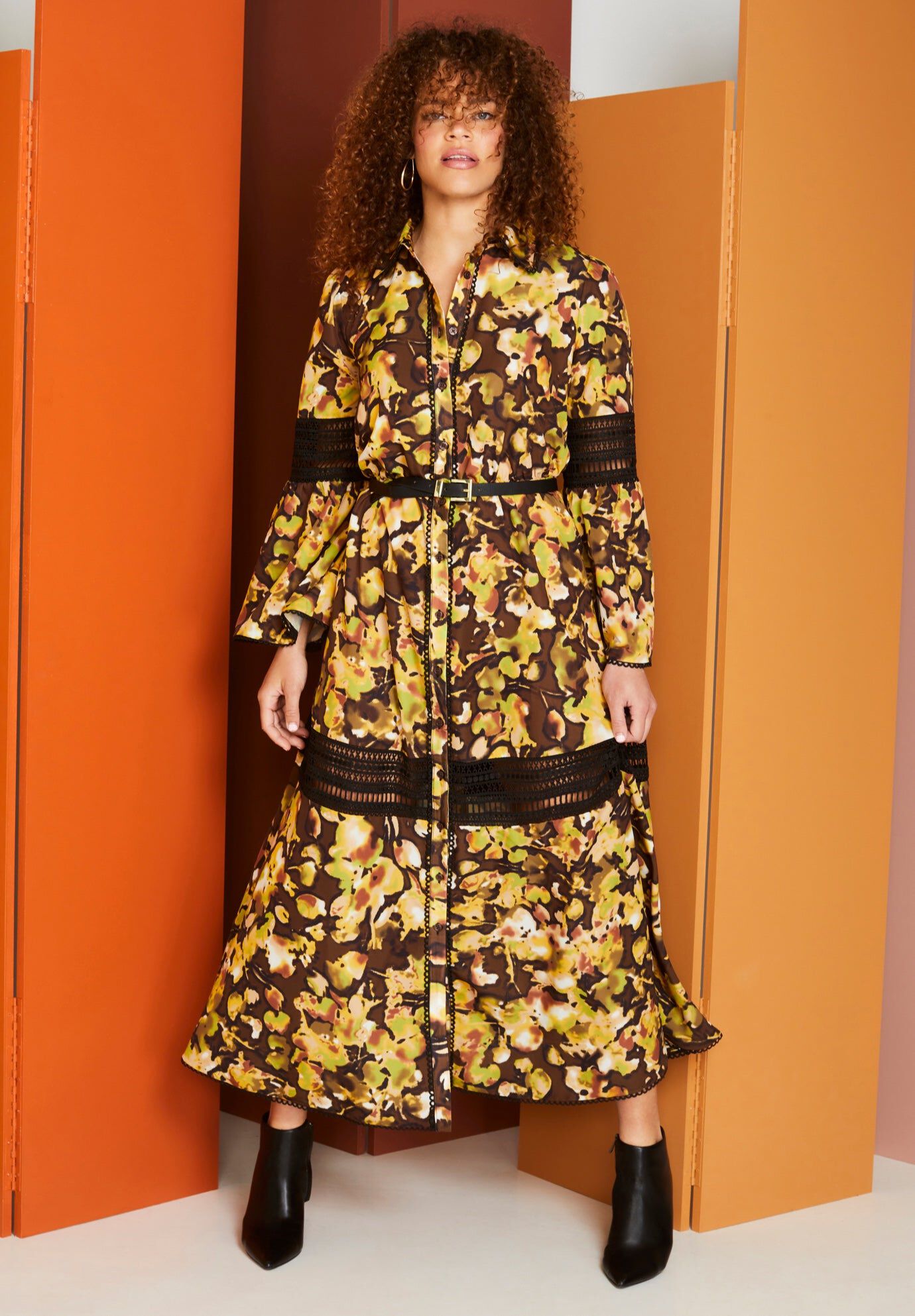 Lace-Panelled Midi Shirt Dress, WATERCOLOR FLORAL, hi-res image number 0
