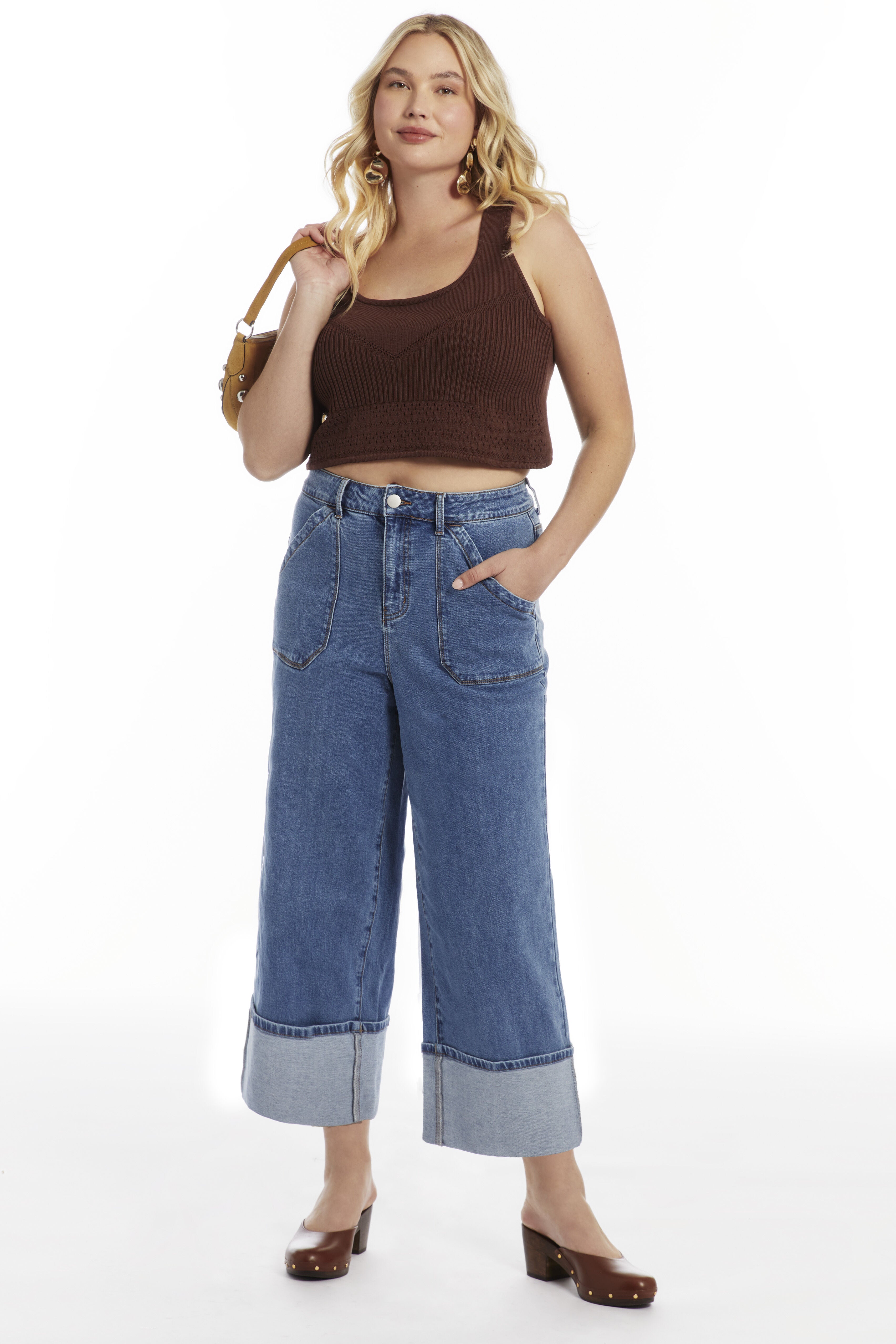 Wide-Leg Cropped Cuffed Jeans