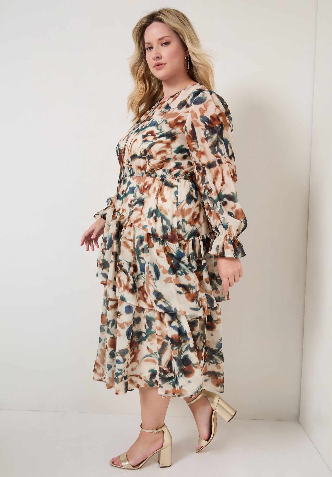 Tiered Pleated Midi Dress, WATERCOLOR FLORAL, alternate image number 2