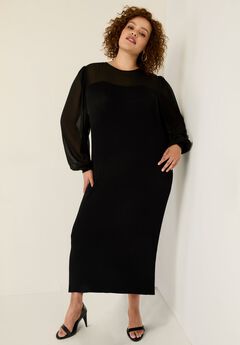 Chiffon-Paneled Midi Sweater Dress