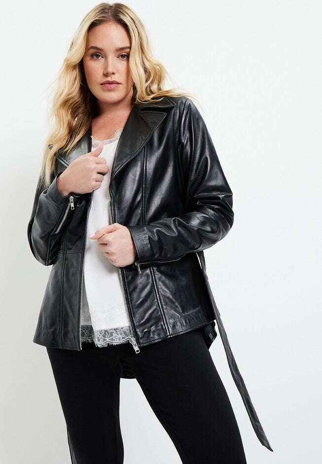 High-Low Peplum Leather Jacket, BLACK, hi-res image number null