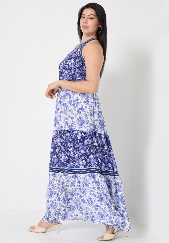 One-Shoulder Tiered Maxi Dress, FLOWER FIELD BLUE, alternate image number null