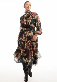 Mock-Neck Chiffon Midi Dress