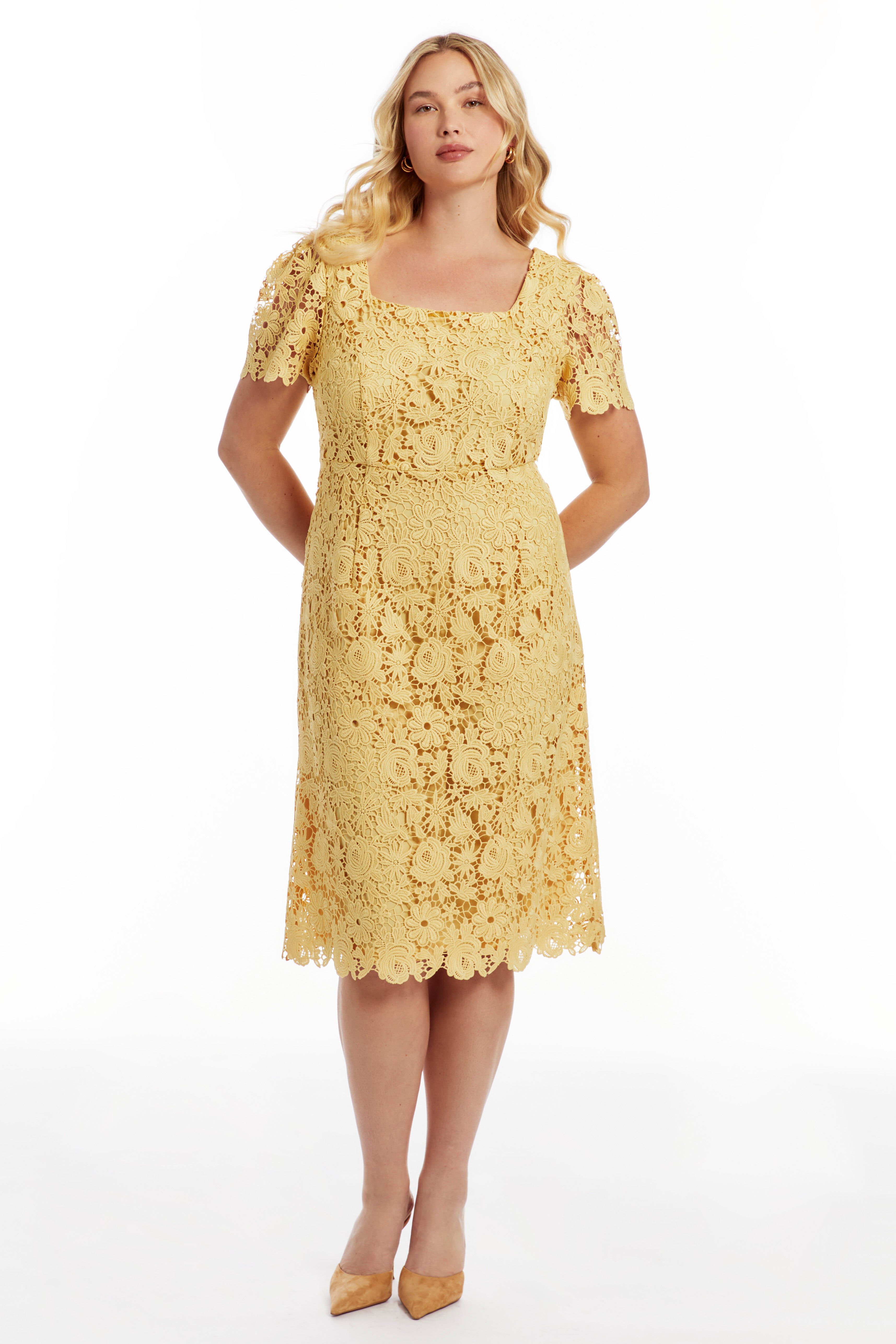 Square-Neck Lace Midi Dress