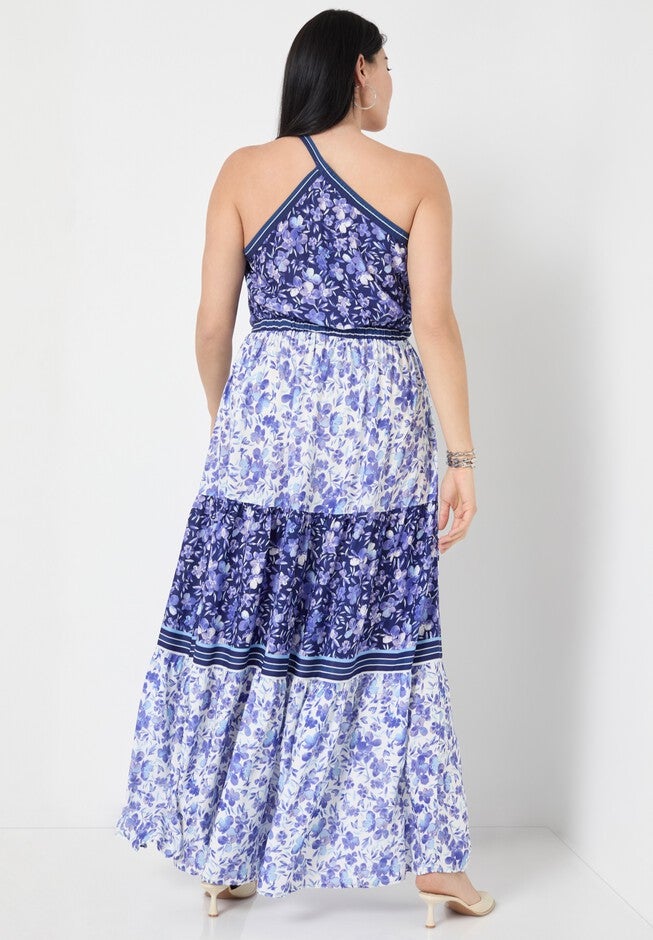 One-Shoulder Tiered Maxi Dress, FLOWER FIELD BLUE, on-hover image number null