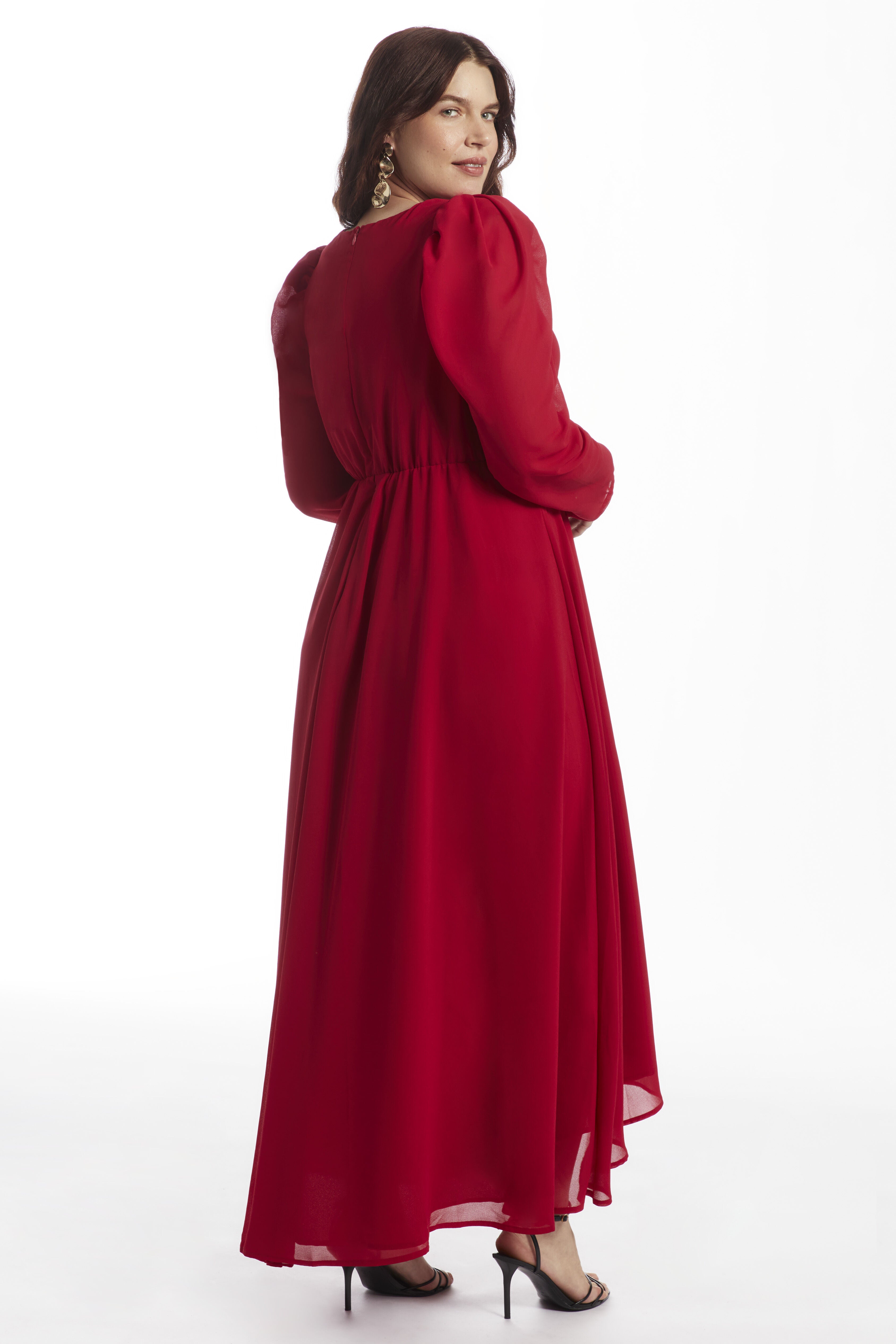 Puff Sleeve High-Low Maxi Chiffon Dress, , on-hover image number 1