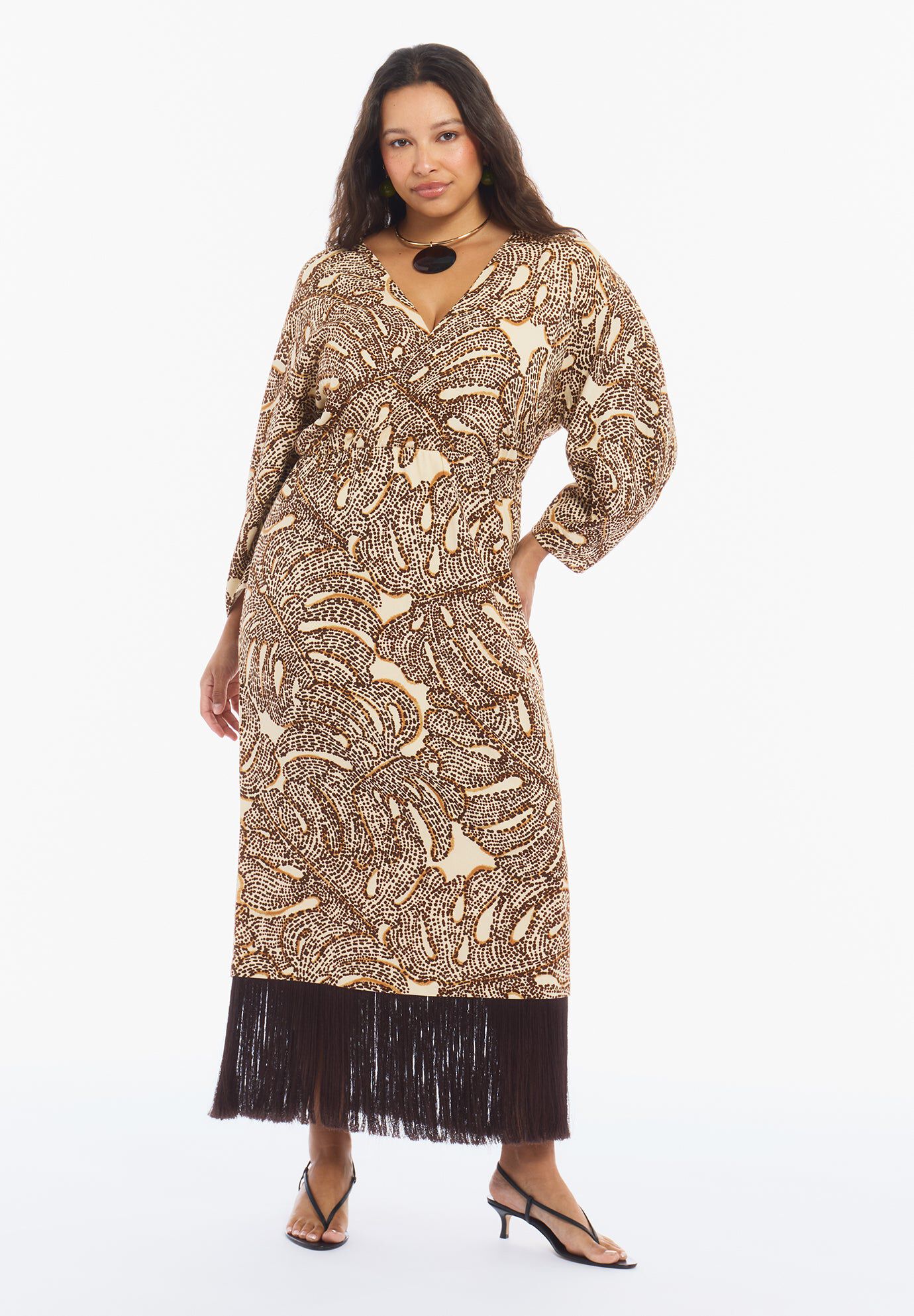 Fringe-Trim Surplice Maxi Dress