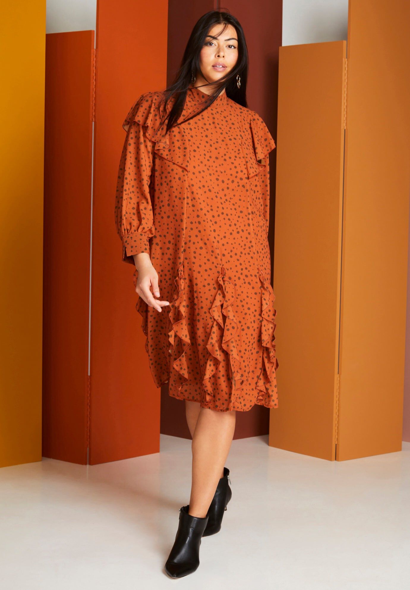 Ruffled Chiffon Mockneck Dress, DELIGHTFUL DOT, hi-res image number 0