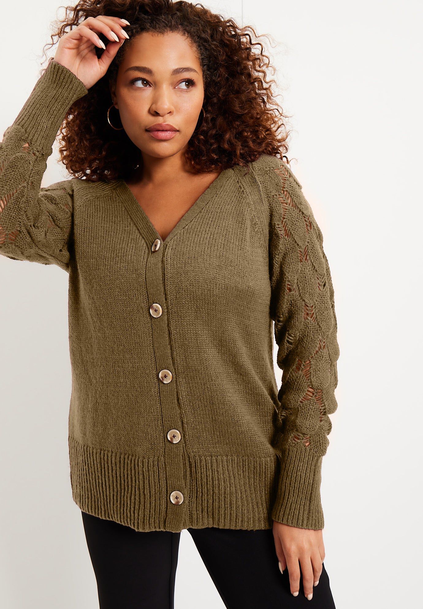 Openwork Cardigan, OLIVE BROWN, hi-res image number 0