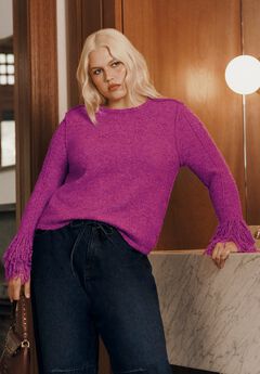 Fringe-Trim Boucle Cropped Sweater