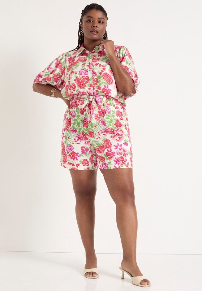Puff-Sleeve Button-Down Blouse, GARDEN RED, alternate image number null