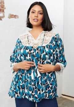 Lace-Trim Crinkle Blouse