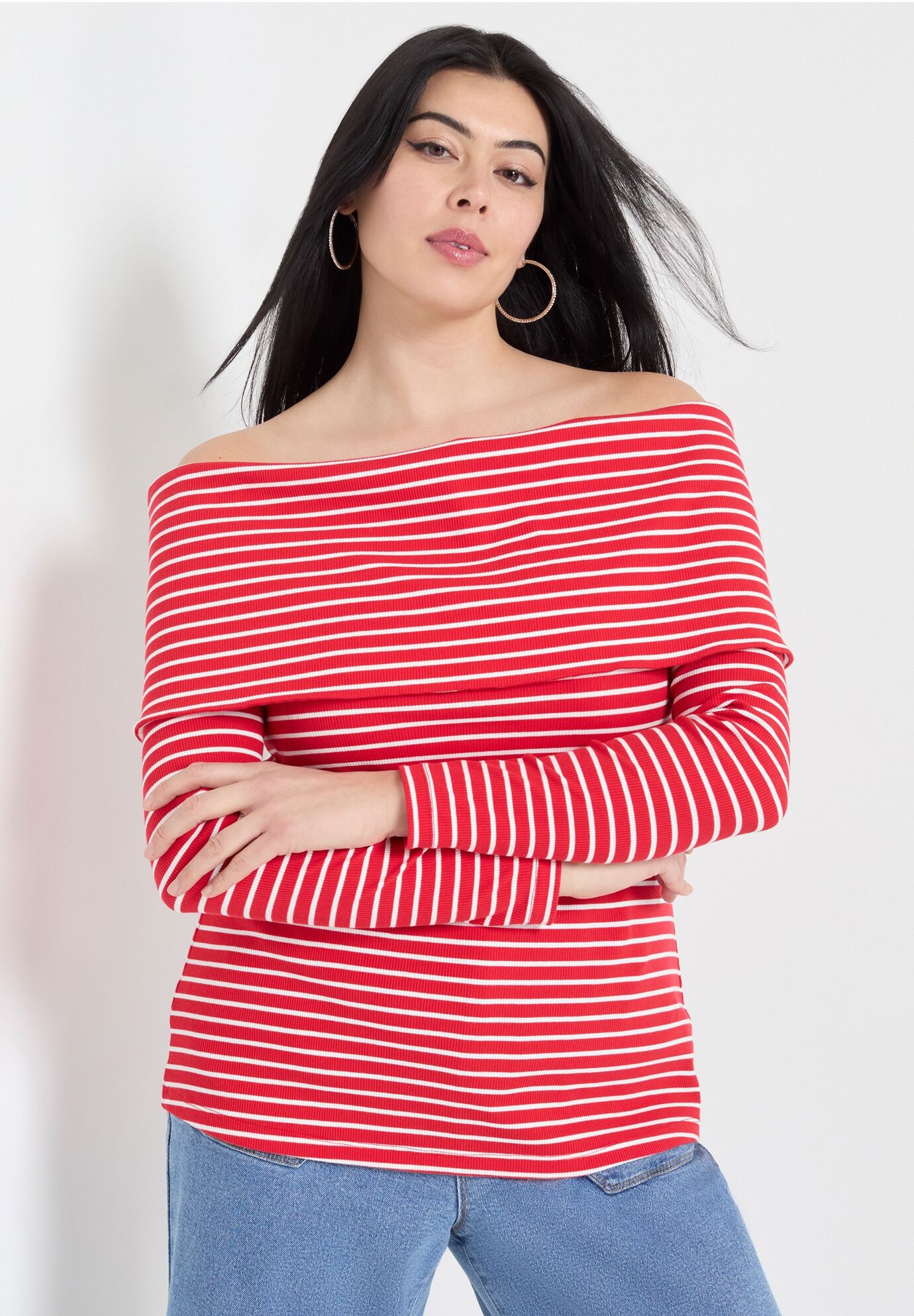 Long-Sleeve Off-The-Shoulder Top, STRIPE, alternate image number 3
