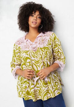 Lace-Trim Crinkle Blouse