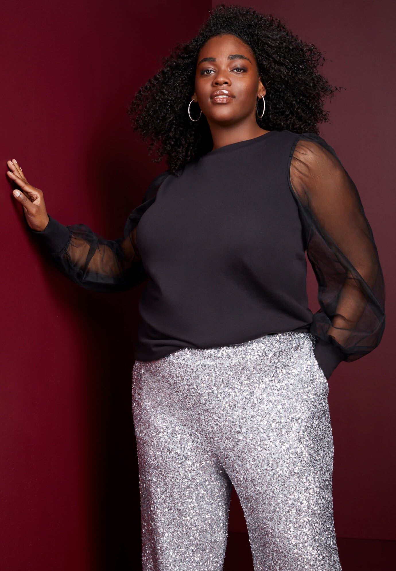 Puff-Sleeve French Terry Sweatshirt, BLACK ONYX, hi-res image number 0