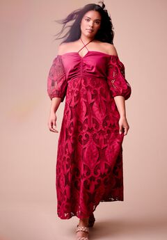 Eyelet Puff Sleeve Peasant Dress