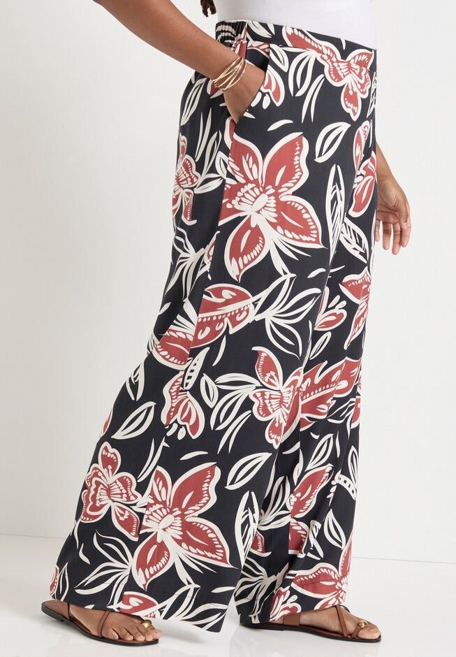 Wide-Leg Pull-On Pants, BATIK FLORAL, alternate image number null