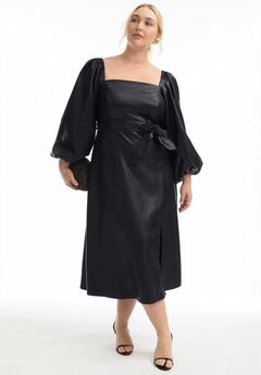 Puff Sleeve Faux Leather Midi Dress
