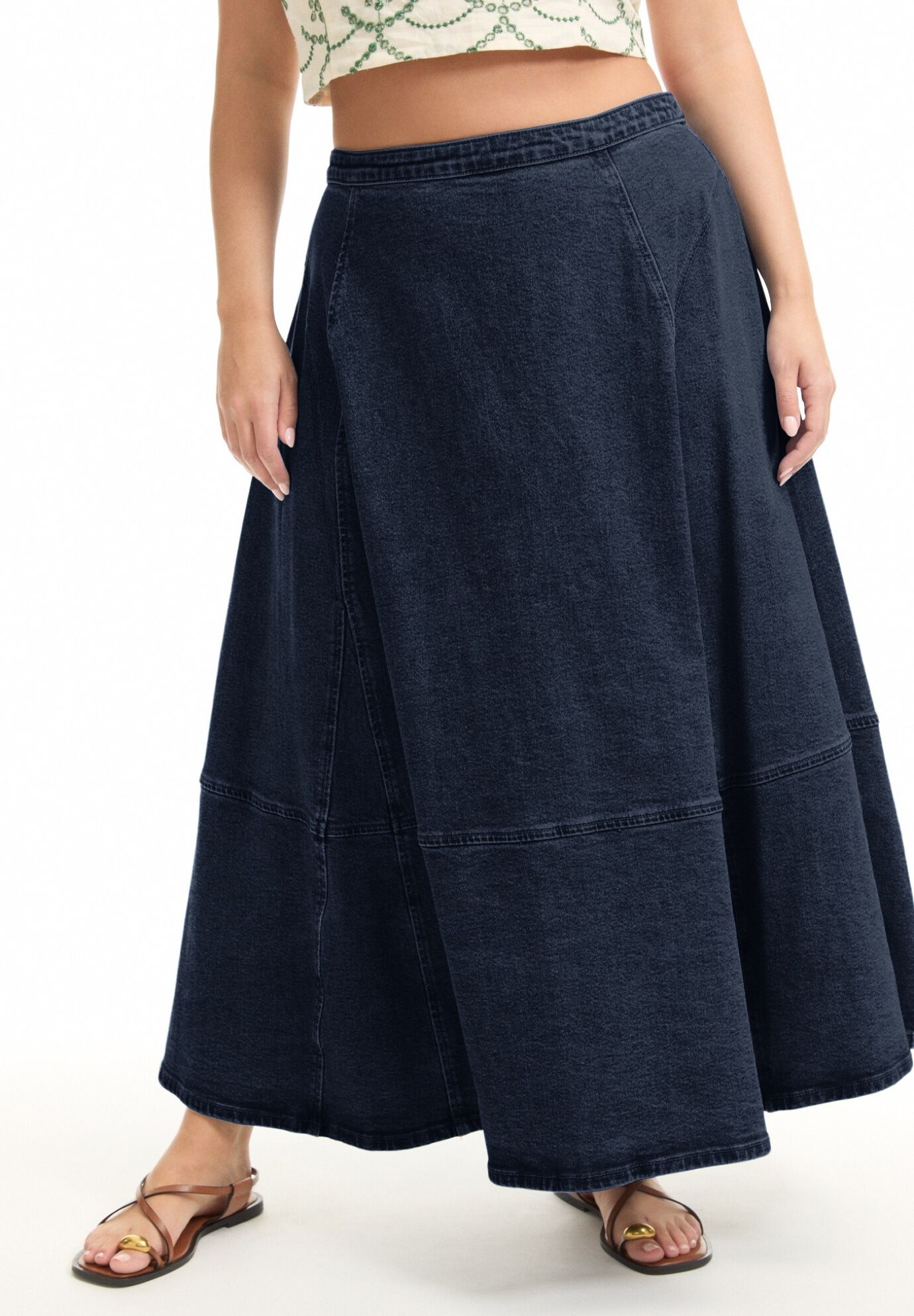 Fit-And-Flare Denim Midi Skirt, DARK RINSE, alternate image number 3