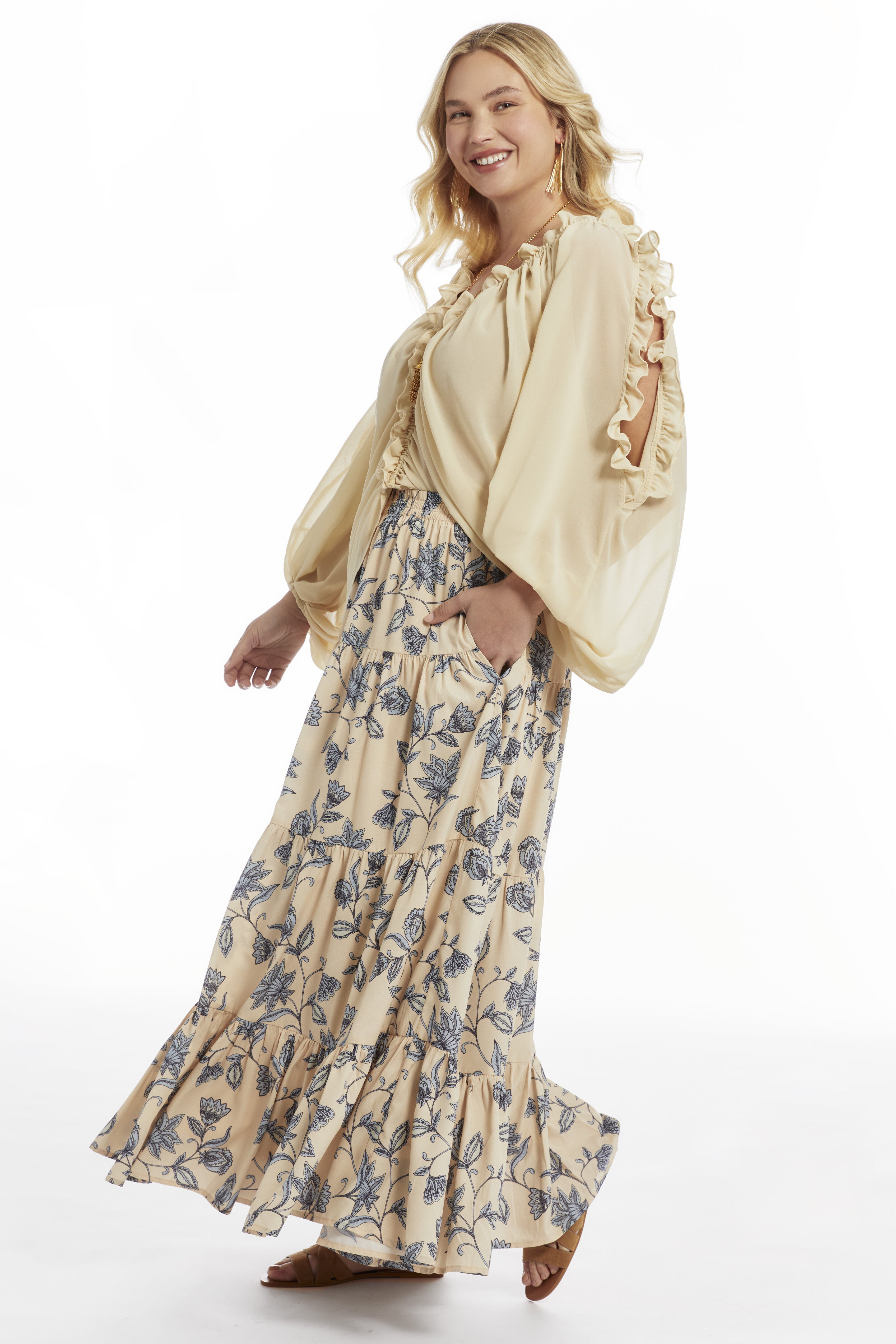 Tiered Midi Skirt, SPRING FLORAL, on-hover image number 1