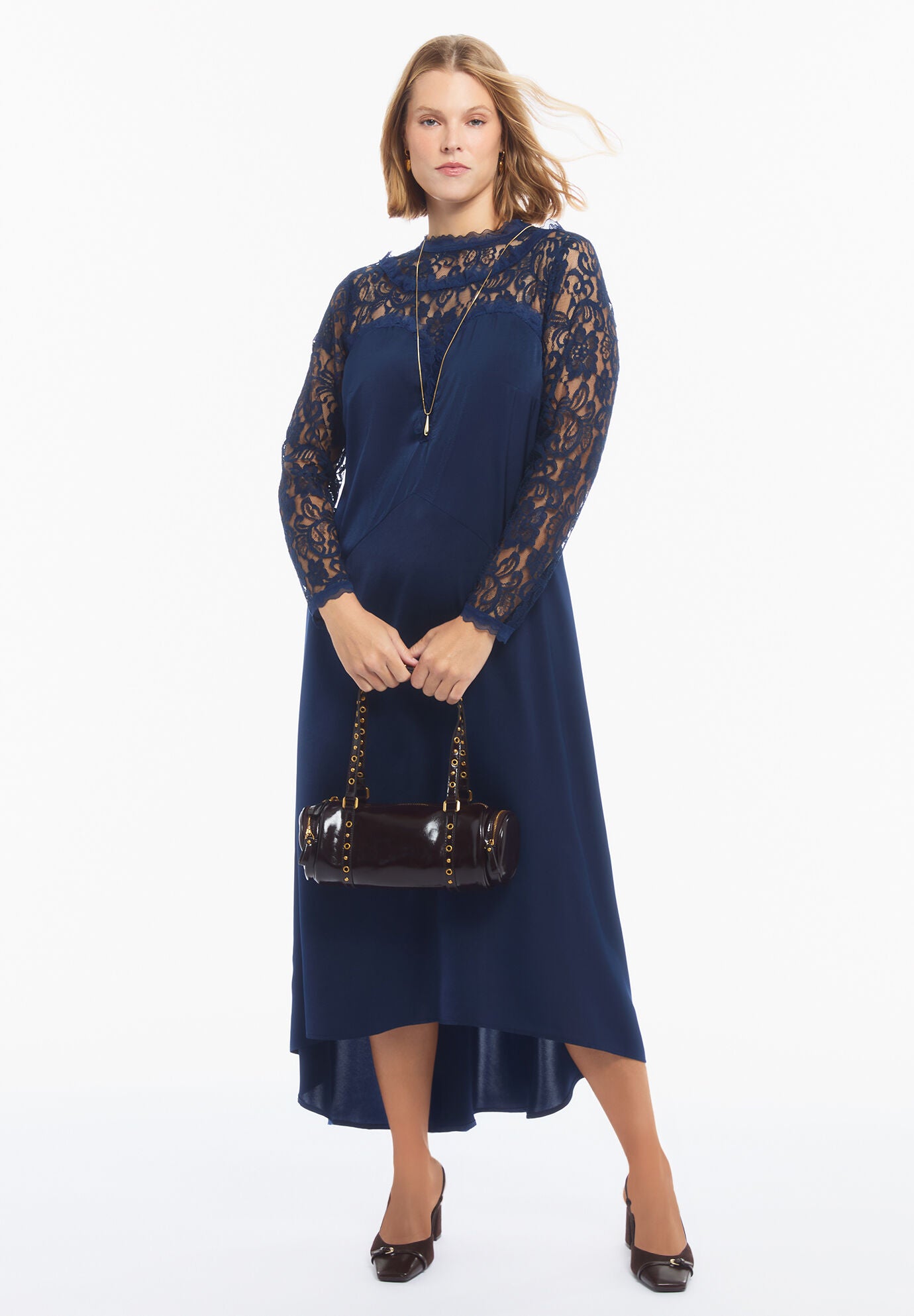 Lace Long Sleeve Satin Midi Dress