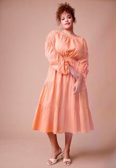 Cotton Voile Ruched Midi Dress