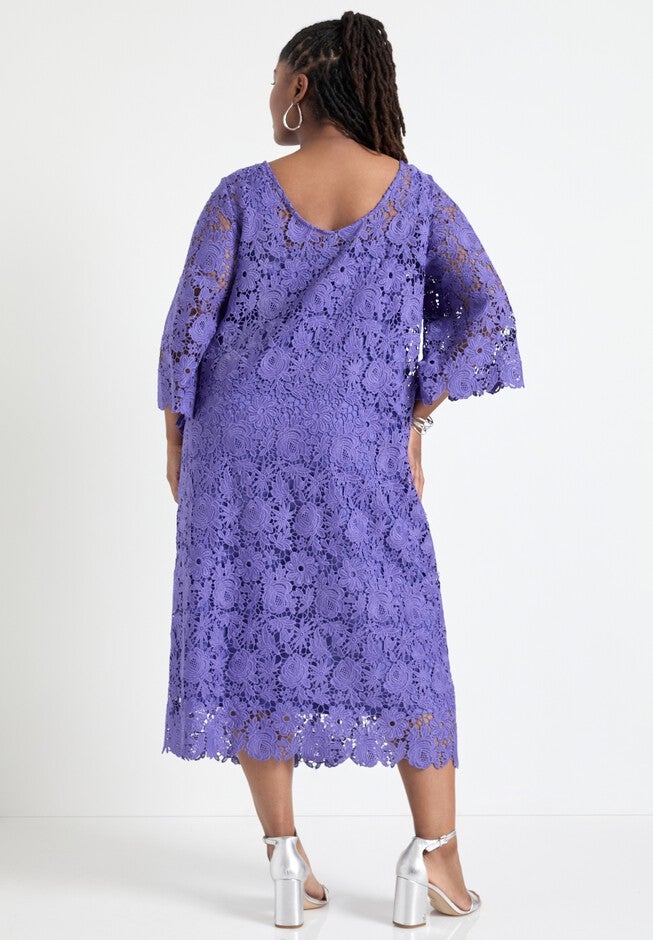 Bell-Sleeve Lace Midi Dress, BLUE IRIS, on-hover image number null