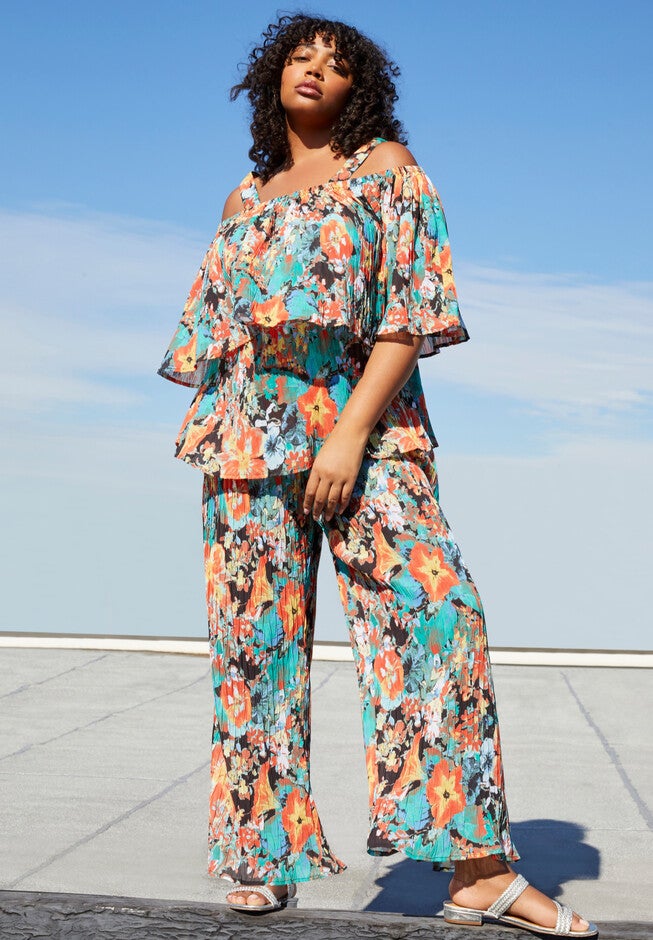 Wide-Leg Georgette Pants, BLACK TROPICAL FLOWERS, hi-res image number null