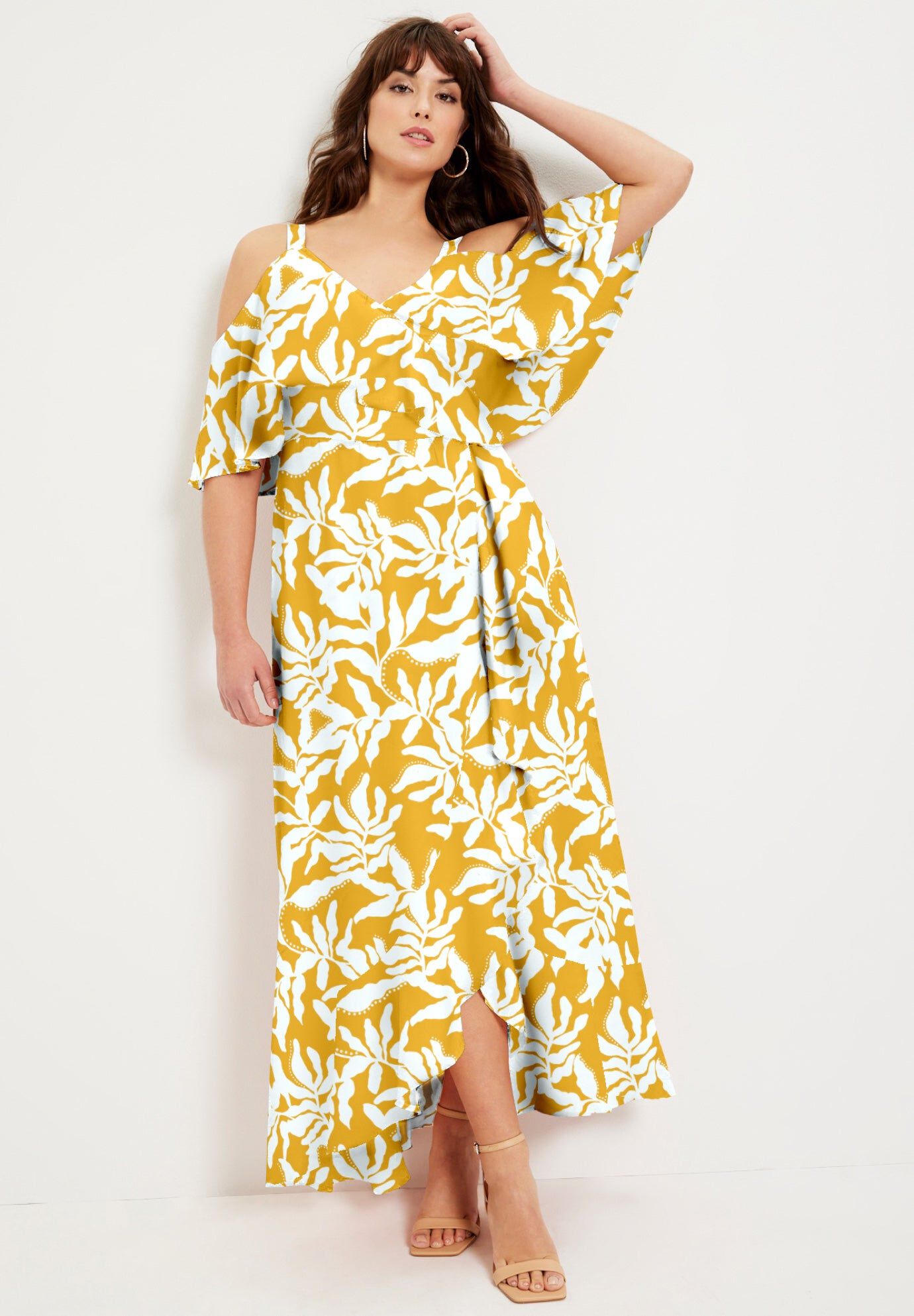 Cold-Shoulder Faux-Wrap Maxi Dress, PRESSED LEAF YELLOW, hi-res image number 0
