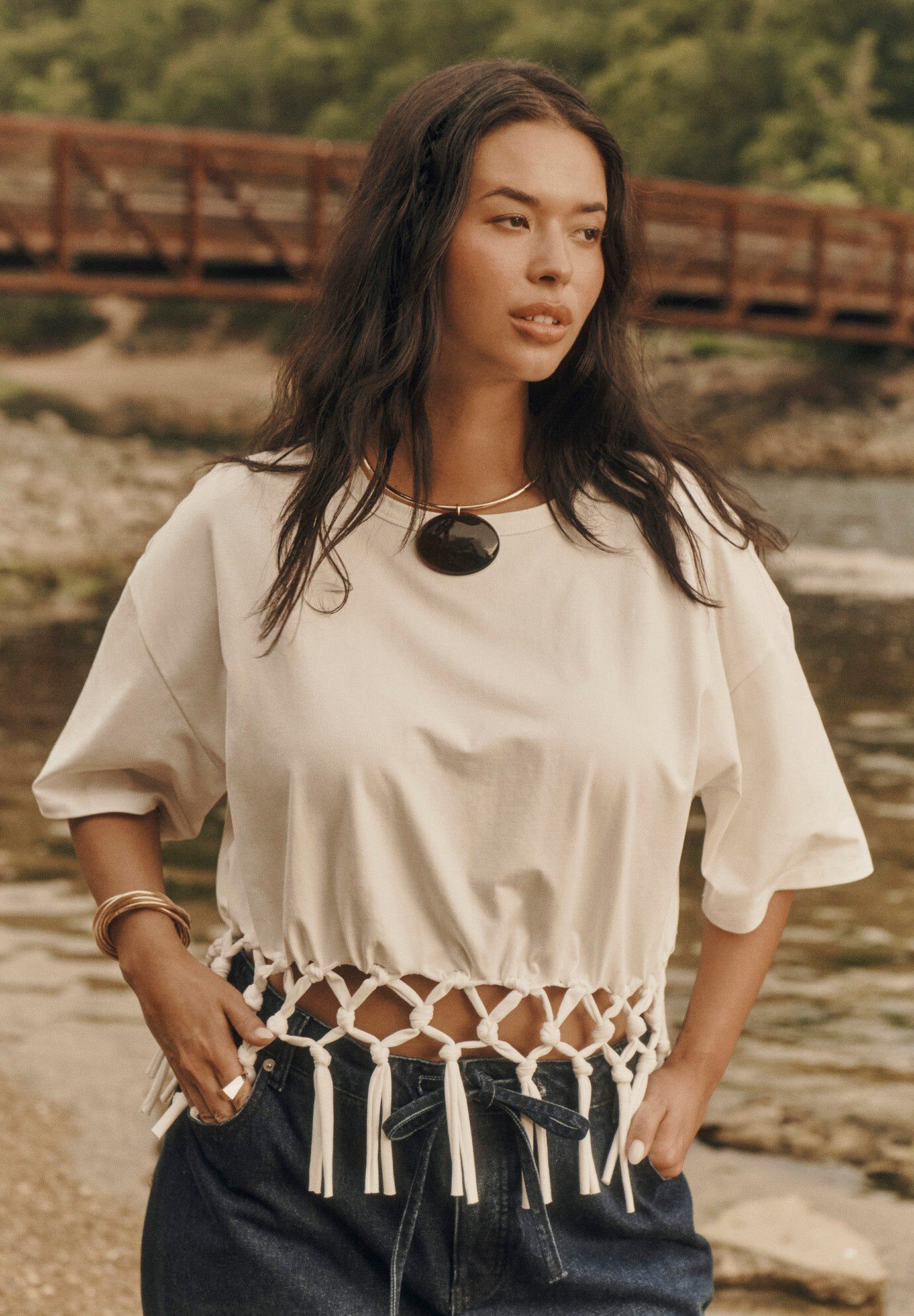 Fringe Trim Cropped Crewneck Tee
