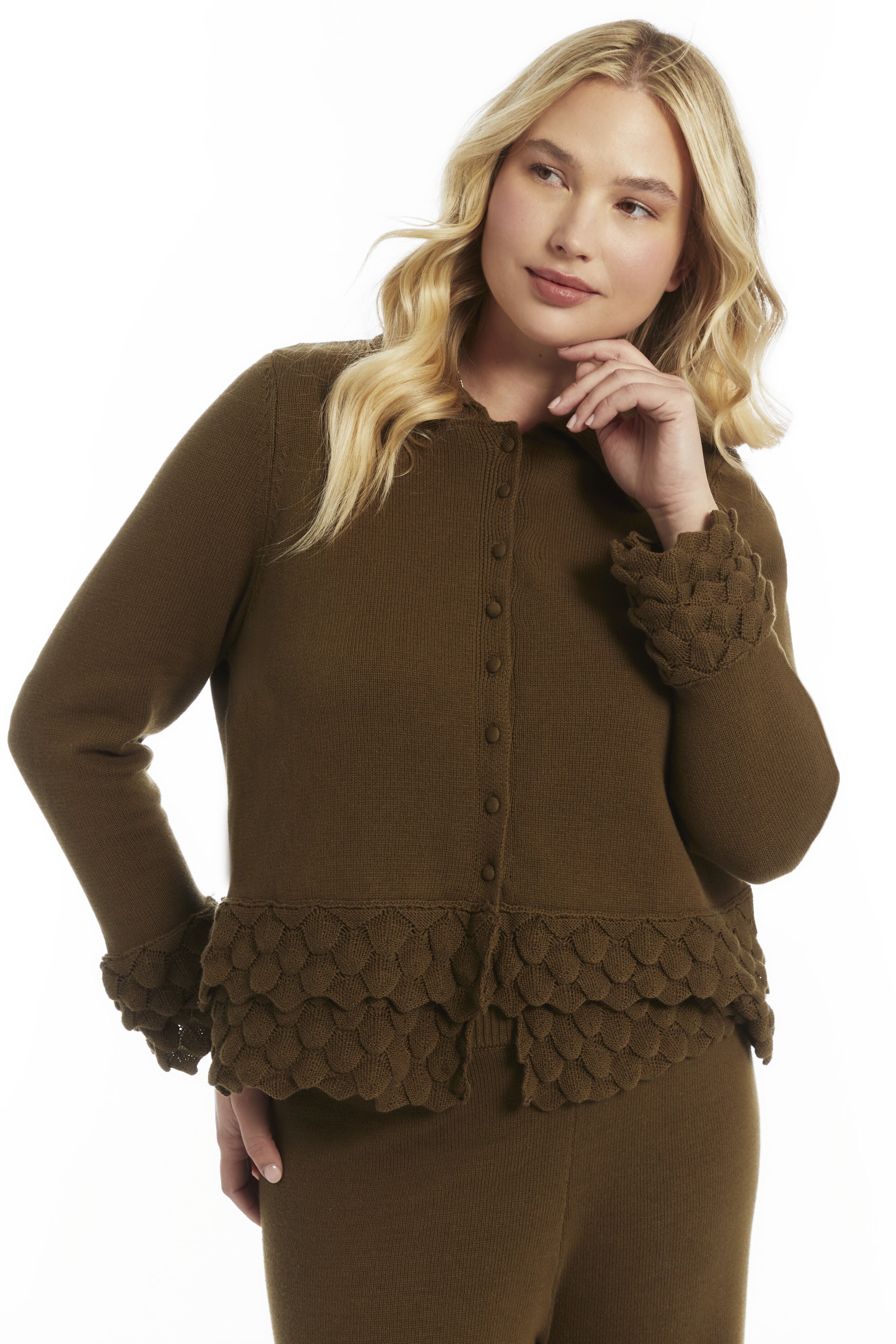 Ruffled Peplum Cardigan Sweater, DARK OLIVE, alternate image number 3