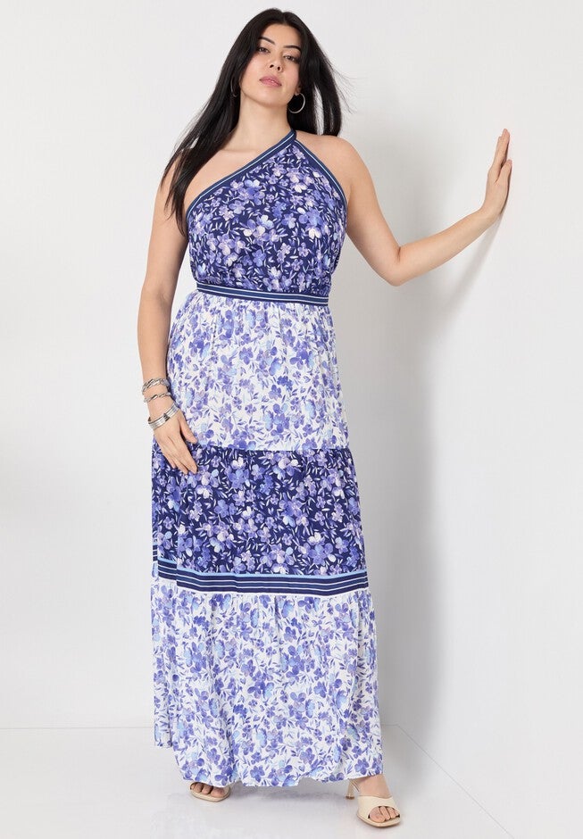 One-Shoulder Tiered Maxi Dress, FLOWER FIELD BLUE, alternate image number null