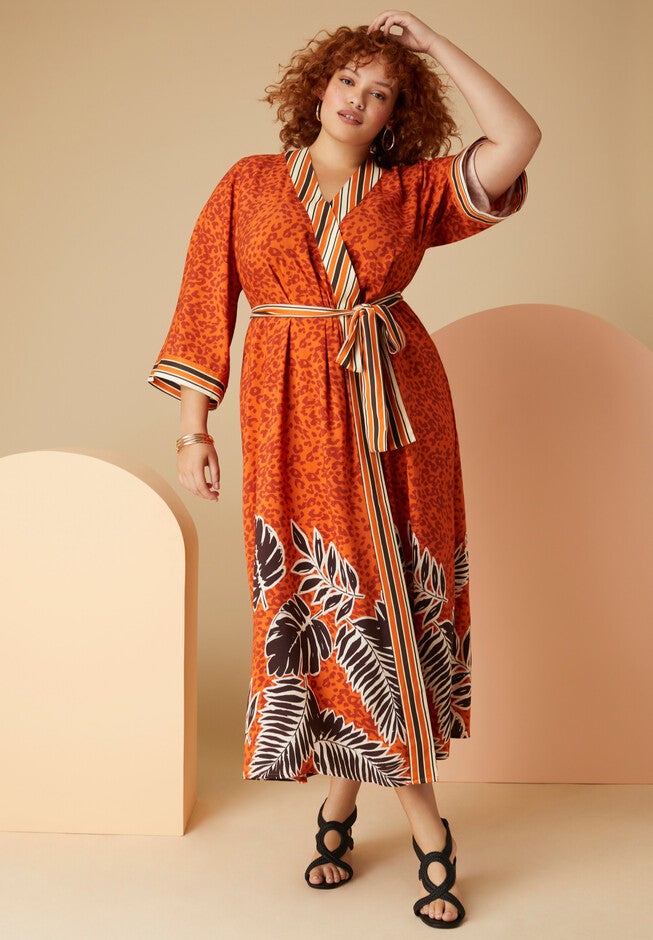 Faux-Wrap Kimono Dress, CINNAMON TROPICAL BOARDER, hi-res image number null