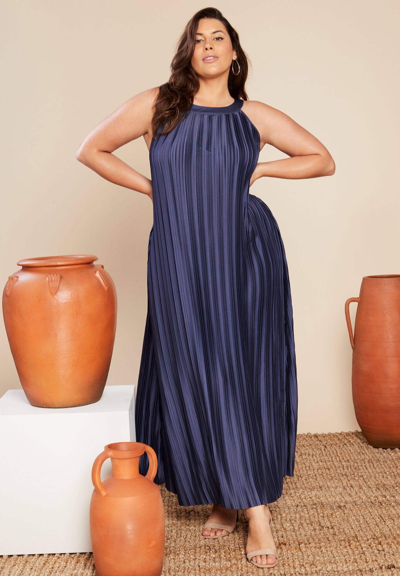 Pleated Halter Maxi Dress, , alternate image number 5