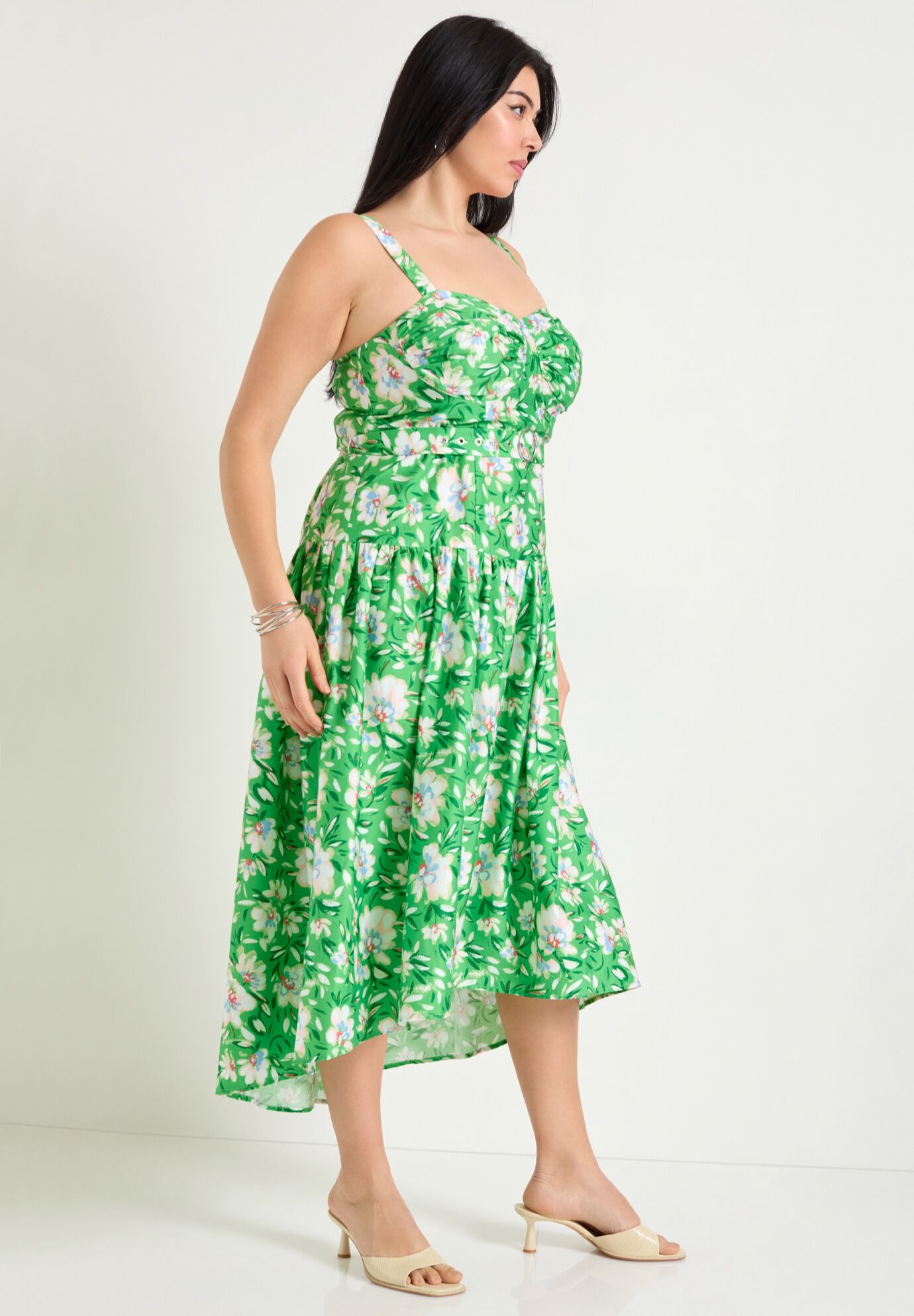 High-Low Midi Dress, FLOWERS GREEN, alternate image number 2