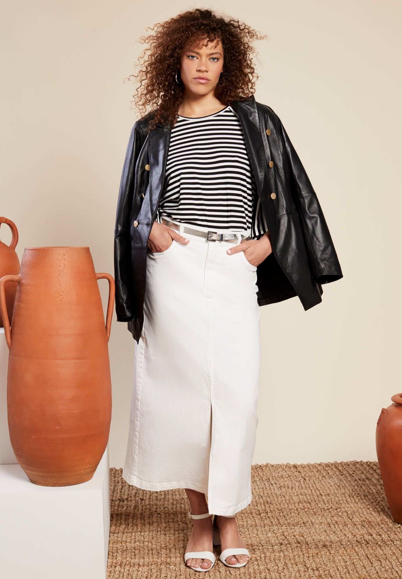 Front-Slit Denim Midi Skirt