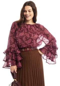 Ruffled Paisley Chiffon Blouse