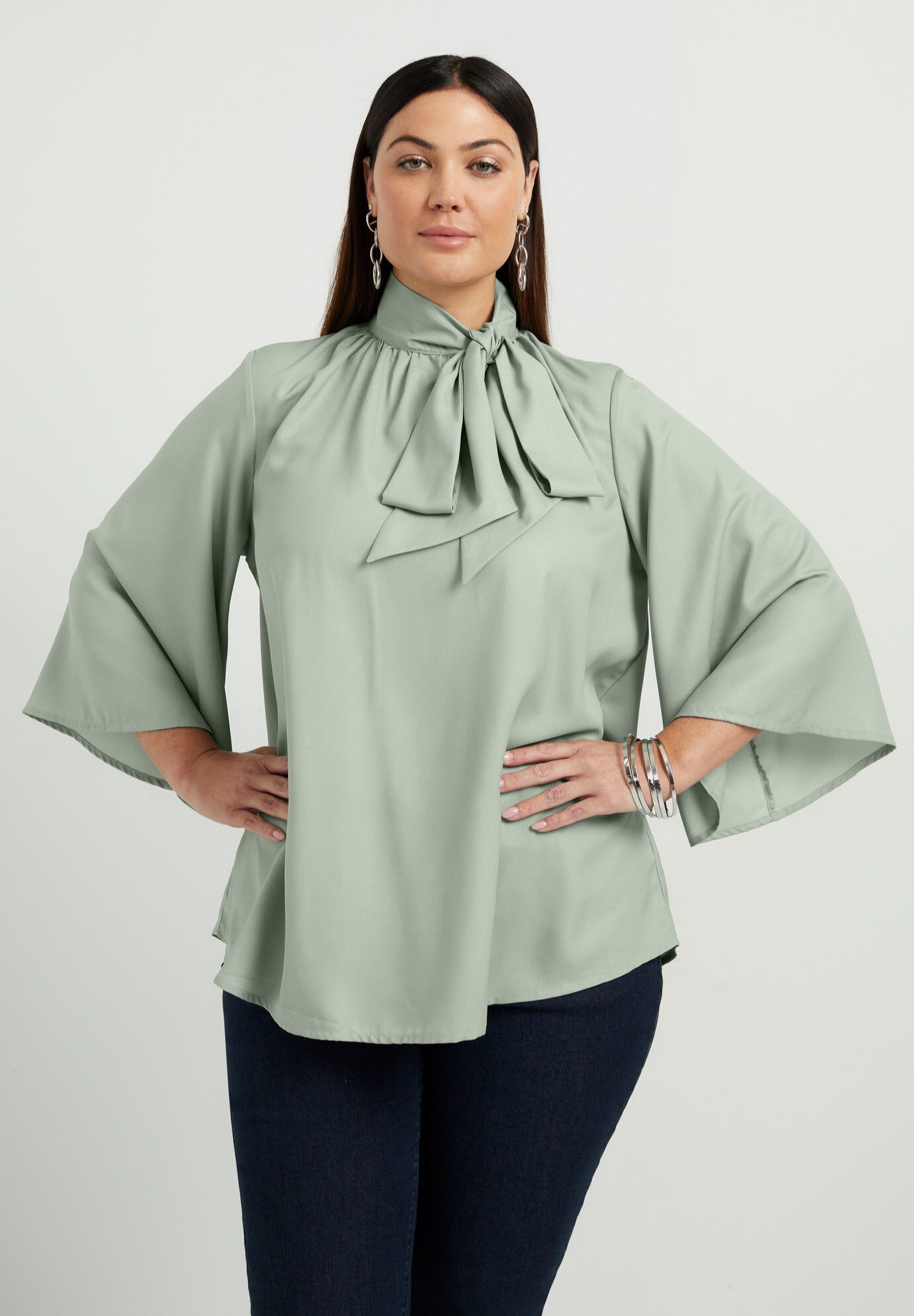 Mock Tie Neck Blouse, DESERT SAGE, hi-res image number 0