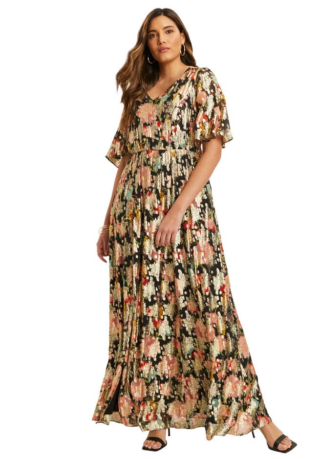 Metallic Printed Maxi Dress, BLACK TEXTURED WALLFLOWER, hi-res image number null