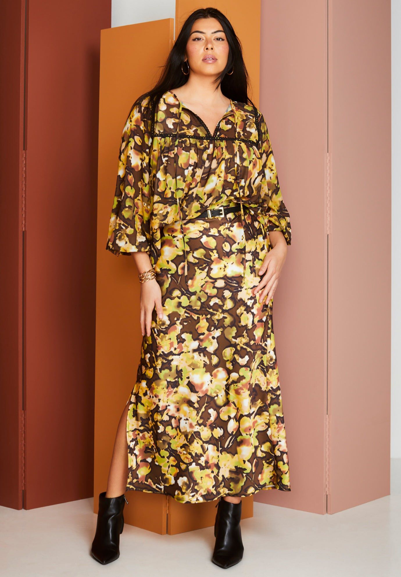 Satin Side-Slit Midi Skirt, WATERCOLOR FLORAL, hi-res image number 0