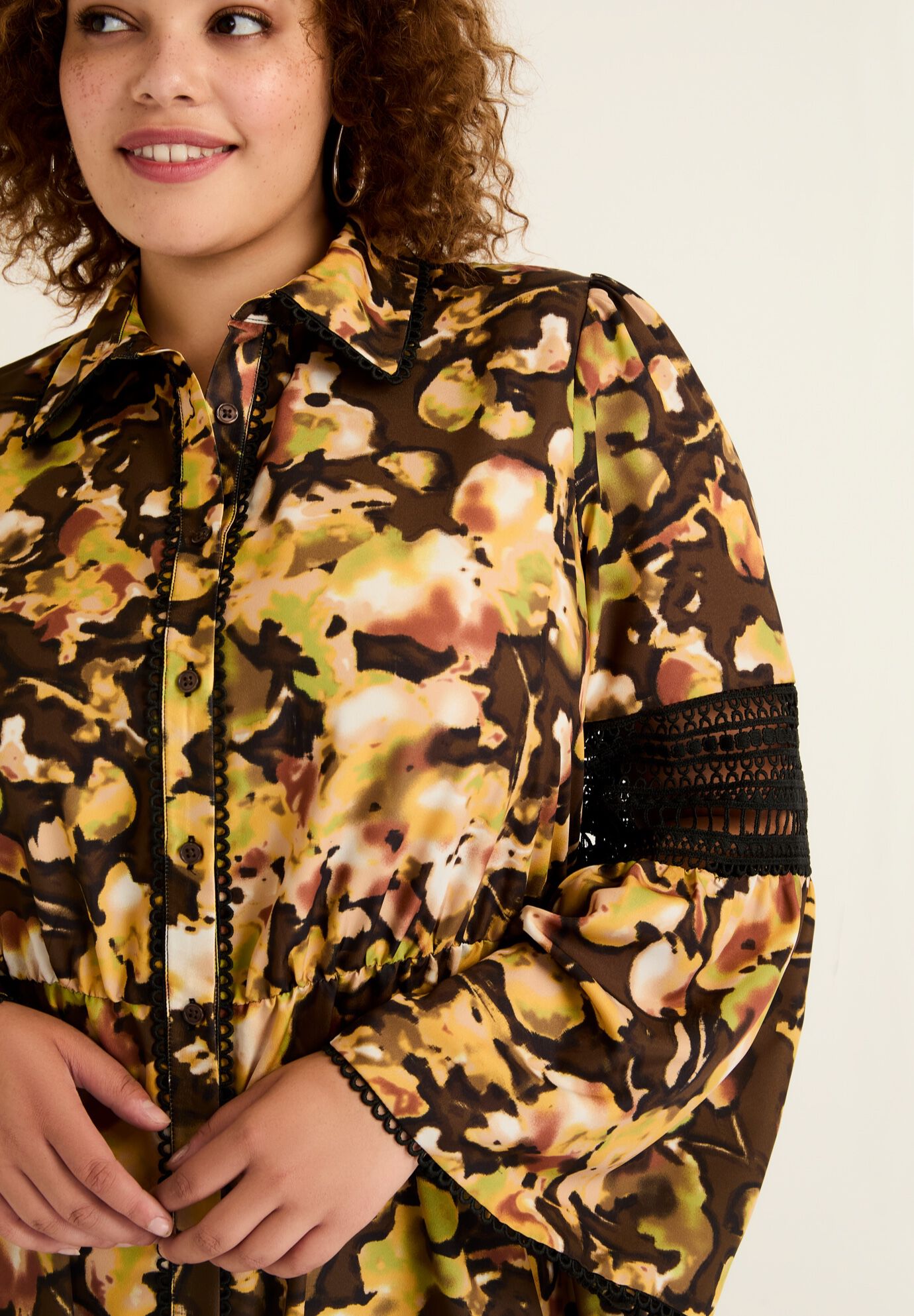 Lace-Panelled Midi Shirt Dress, , alternate image number 2