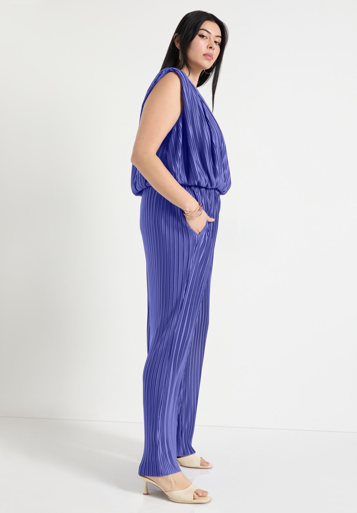 Plisse Dolman-Sleeve Cropped Top, BLUE IRIS, alternate image number 2