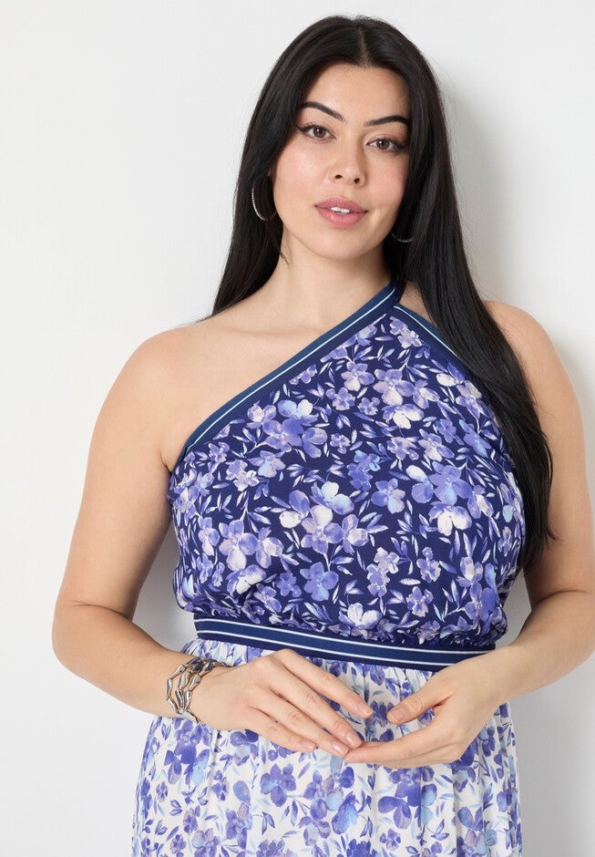 One-Shoulder Tiered Maxi Dress, FLOWER FIELD BLUE, alternate image number null