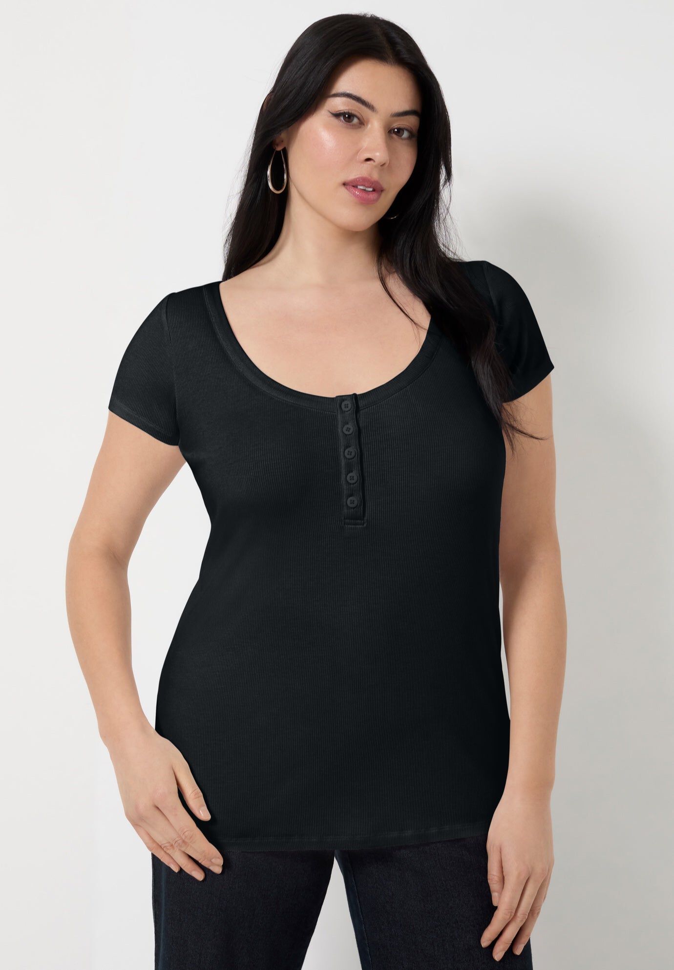 Ribbed Henley Top, BLACK, hi-res image number 0