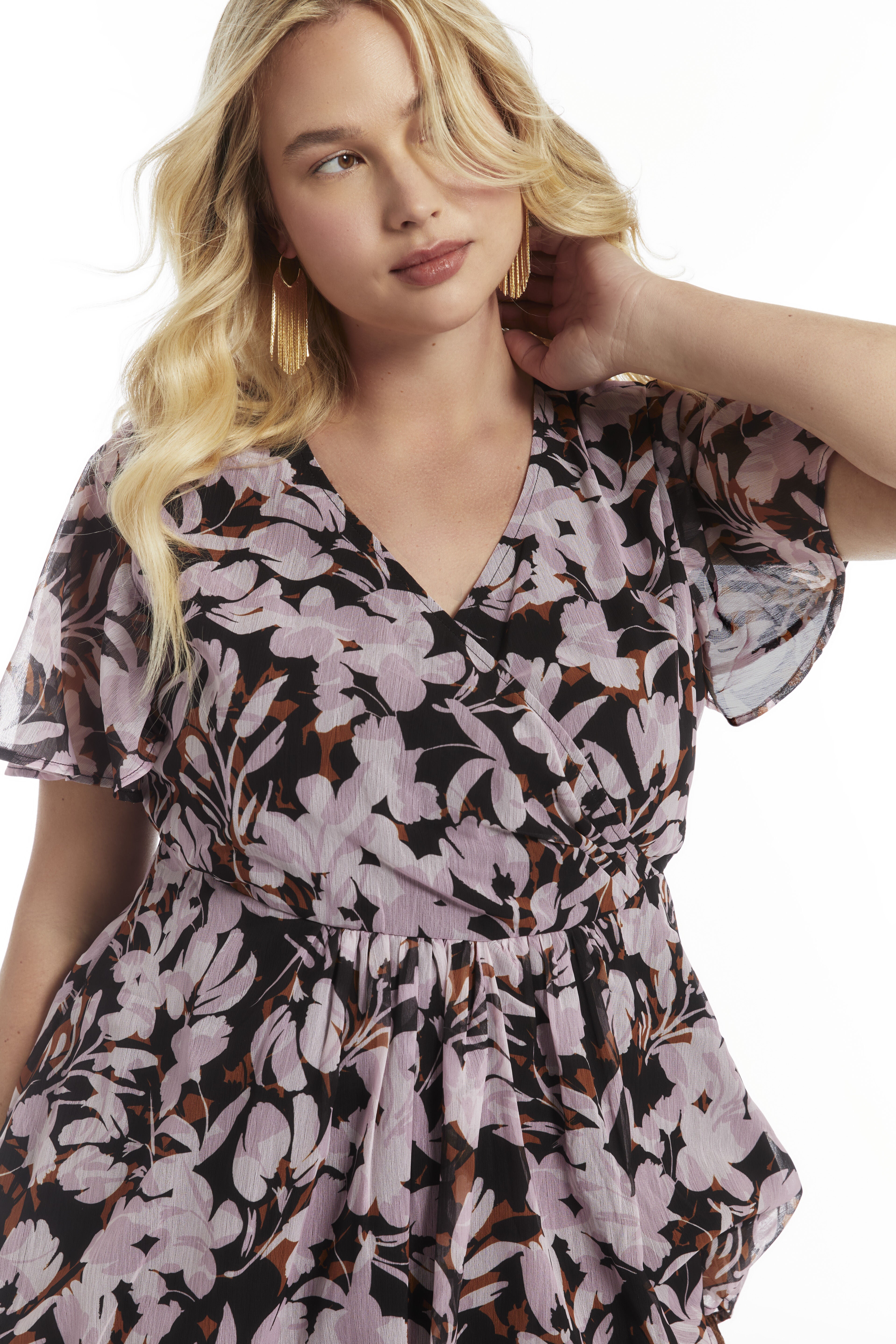 Faux Wrap Fit-and-Flare Top, PAINTED PETALS, alternate image number 3