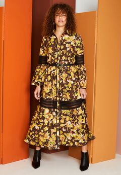 Lace-Panelled Midi Shirt Dress
