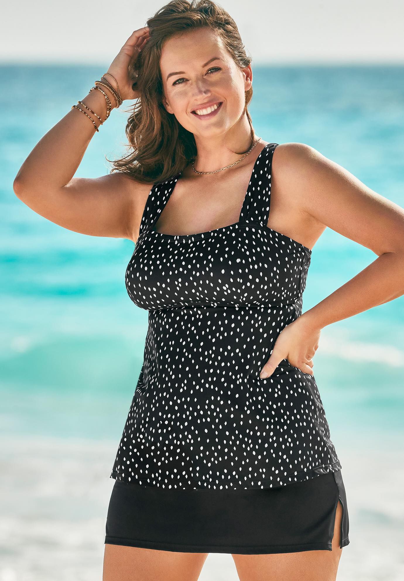 Tie-Back Tankini Set with Side Slit Skirt, , hi-res image number 0