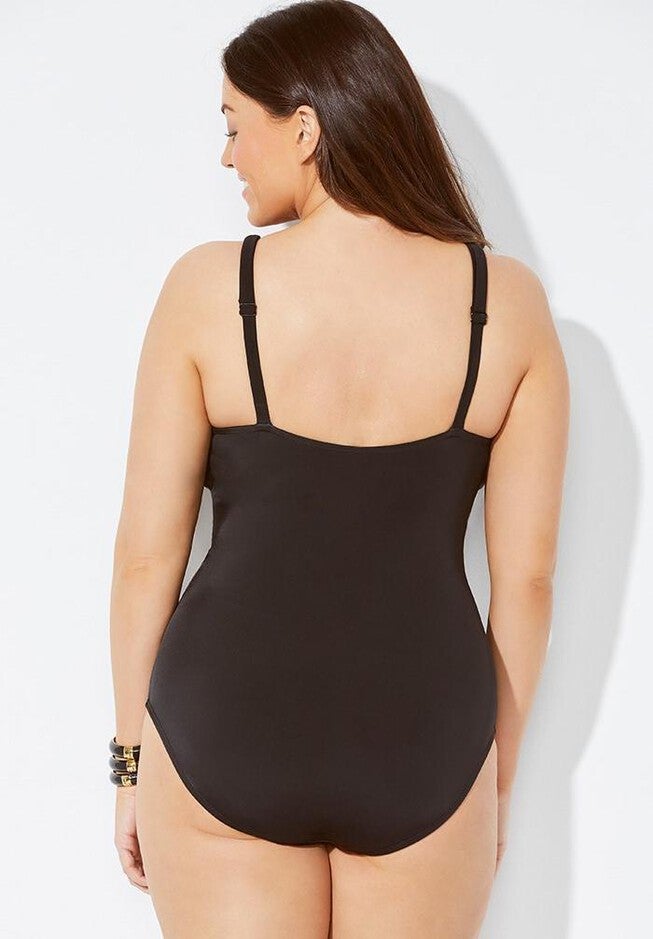 Twist Ruched One Piece Swimsuit, BLACK, on-hover image number 1