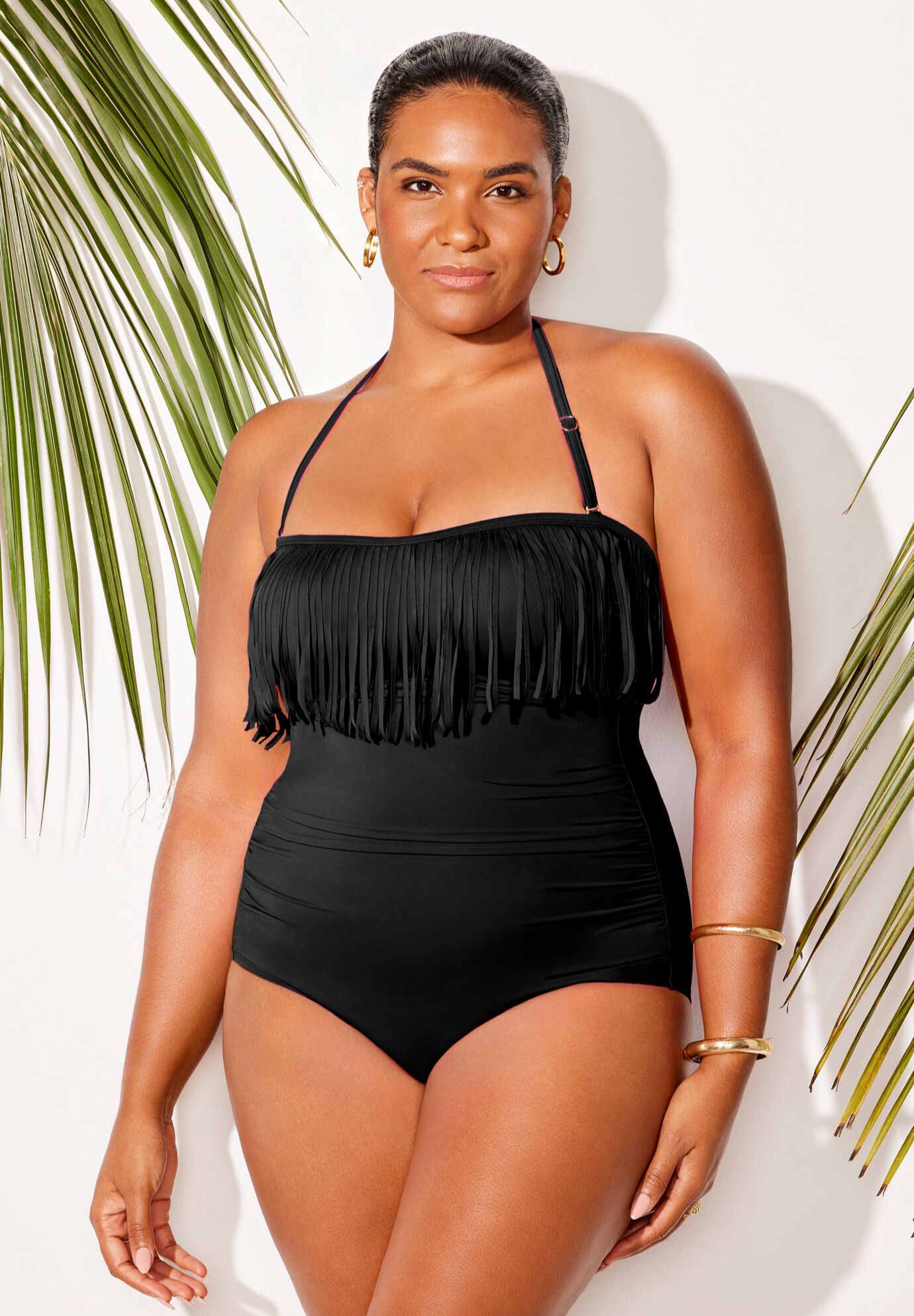 Fringe Bandeau One Piece Swimsuit, BLACK, alternate image number 4